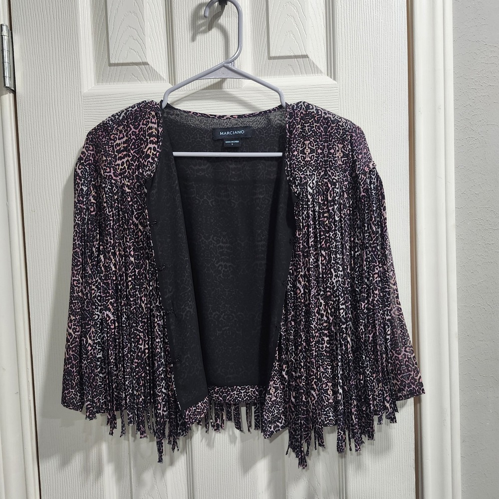 Marciano Fringe Jacket Small Leopard Animal Print Cropped Y2K Glam Bolero